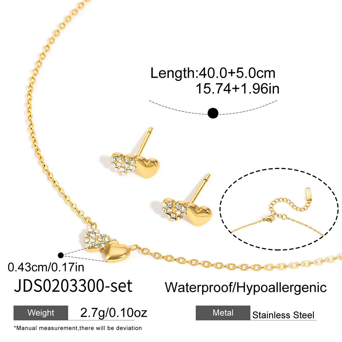 Simple Heart Stainless Steel Waterproof Gold Color Rhinestone Women's Necklaces Sets 
