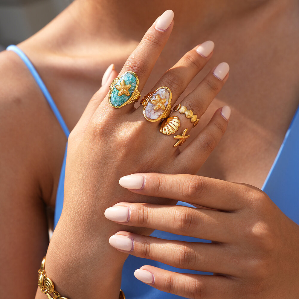 Ocean Series Daily Shell Starfish Stainless Steel Waterproof Gold Color Women's Ring Sets Picture4
