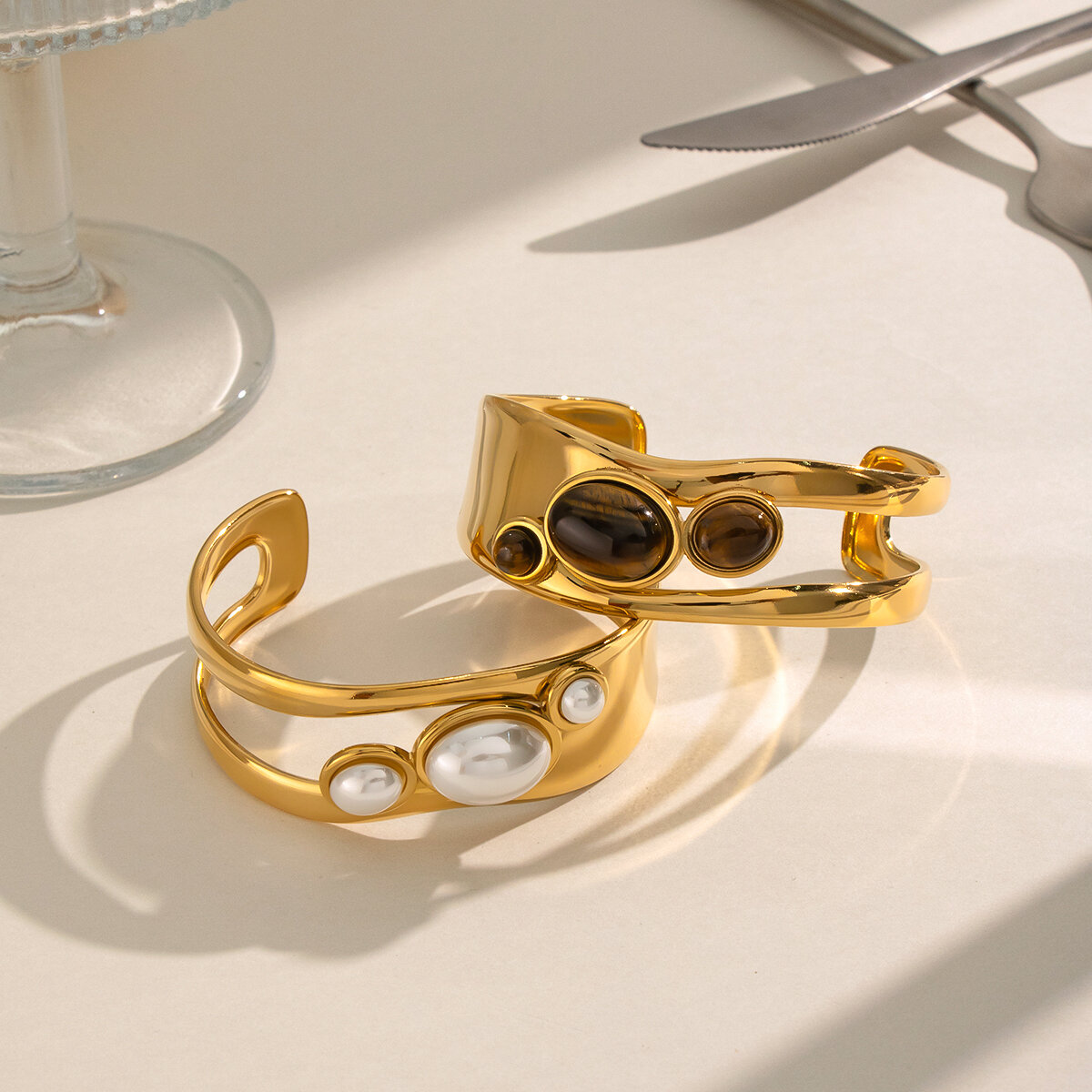 Geometric Shape Stainless Steel Waterproof Gold Color Natural Stone Women's Cuff Bracelets h5 Picture2