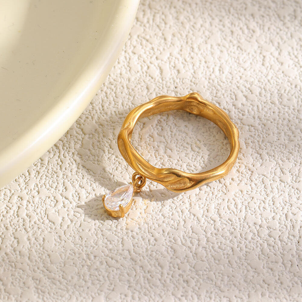 Simple Droplet Irregular Shape Stainless Steel Waterproof Gold Color Zircon Women's Gemstone Rings