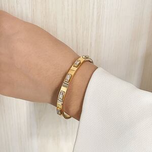 Luxurious Series Simple Rectangle Stainless Steel Waterproof Gold Color Zircon Women's Bangles h5 Picture3