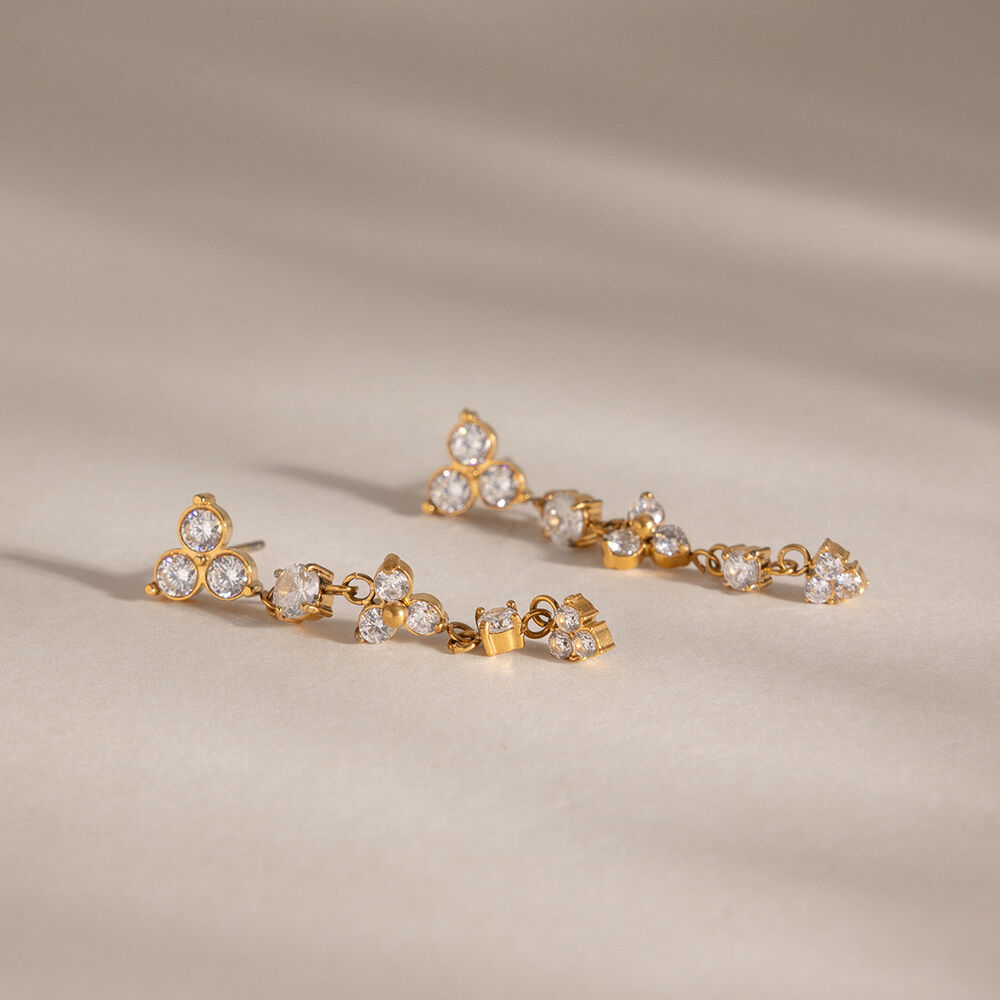 Romantic Series Elegant Flower Tassel Stainless Steel Waterproof Gold Color Zircon Women's Dangle Earrings Picture4