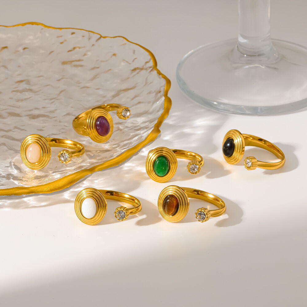 Retro-Ringe aus Edelstahl in geometrischer Form, wasserdicht, goldfarben, mit Strasssteinen und Natursteinen