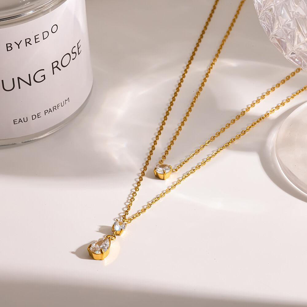 Elegant Droplet Shape Stainless Steel Waterproof Gold Color Zircon Women's Layered Necklaces h5 Picture2