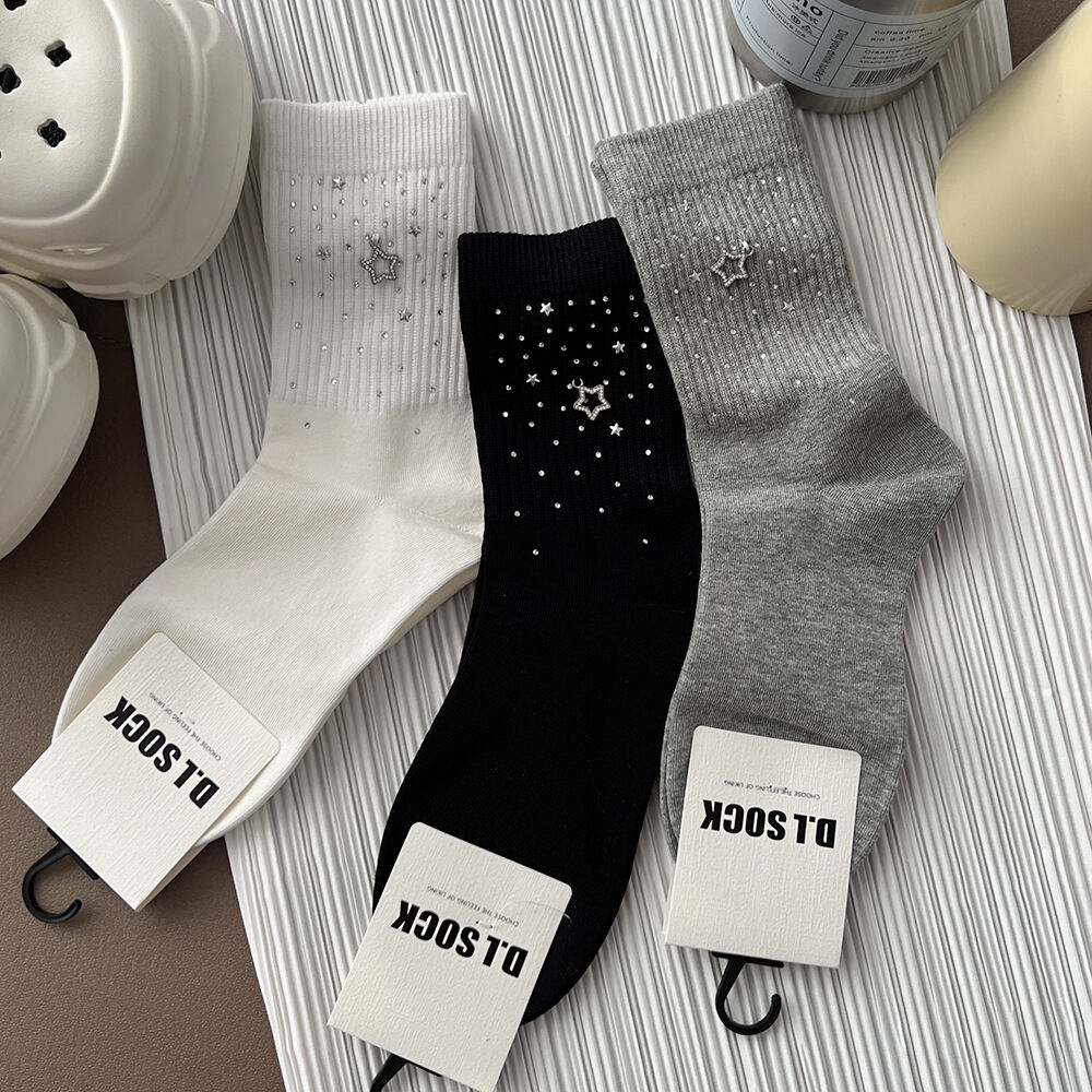 Cute Solid Color Geometric Pattern Polka Dots Hot Rhinestones Mid-Calf Socks h5Picture3