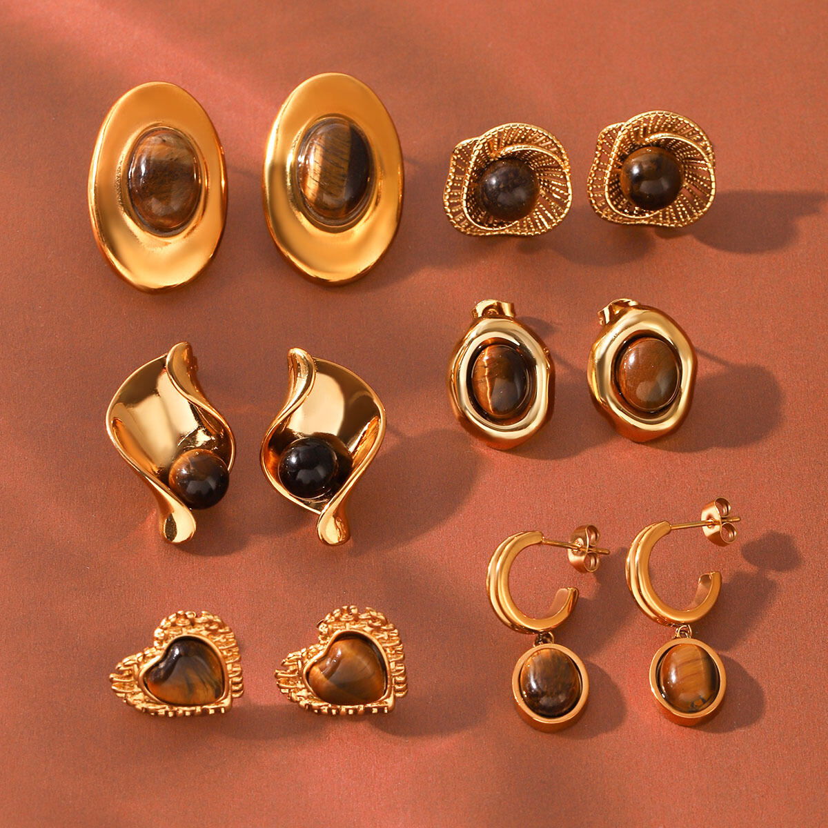 Simple Retro Irregular Shape Ellipse Shape Stainless Steel Waterproof Gold Color  Natural Stone Women's Stud Earrings