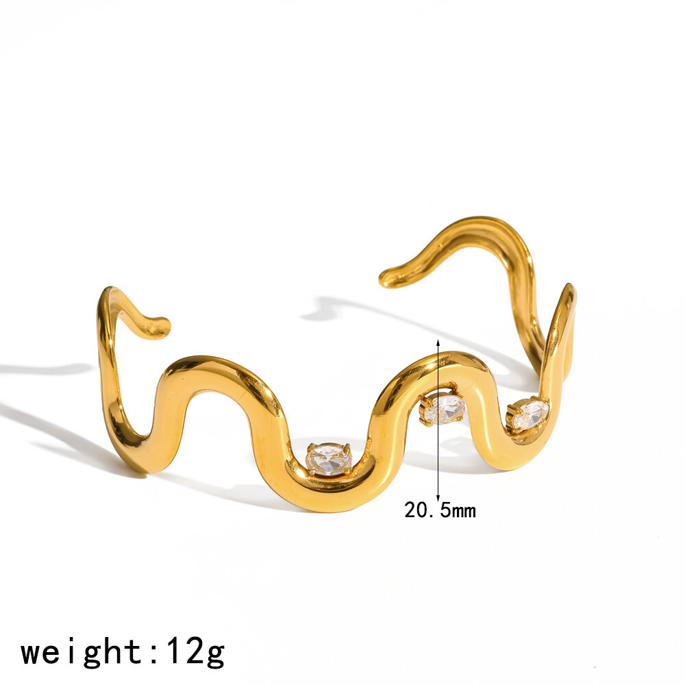 Schlichtes, wellenförmiges Schmuckset aus Edelstahl, wasserdicht, goldfarben mit Strasssteinen, Damenschmuck-Set