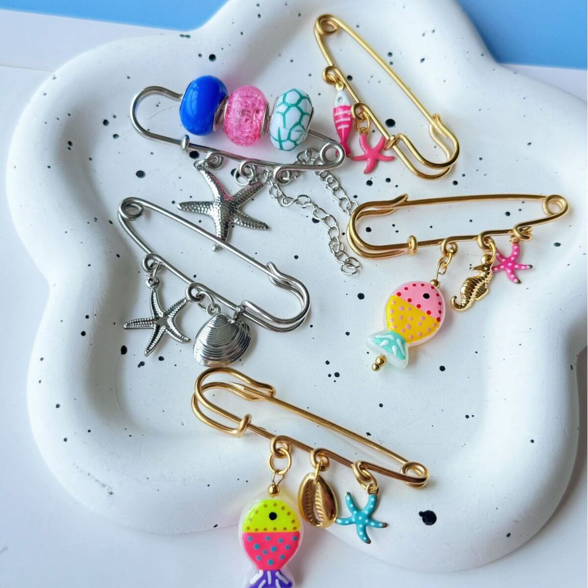 Vacation Fish Starfish Stainless Steel Gold Color Brooches 2