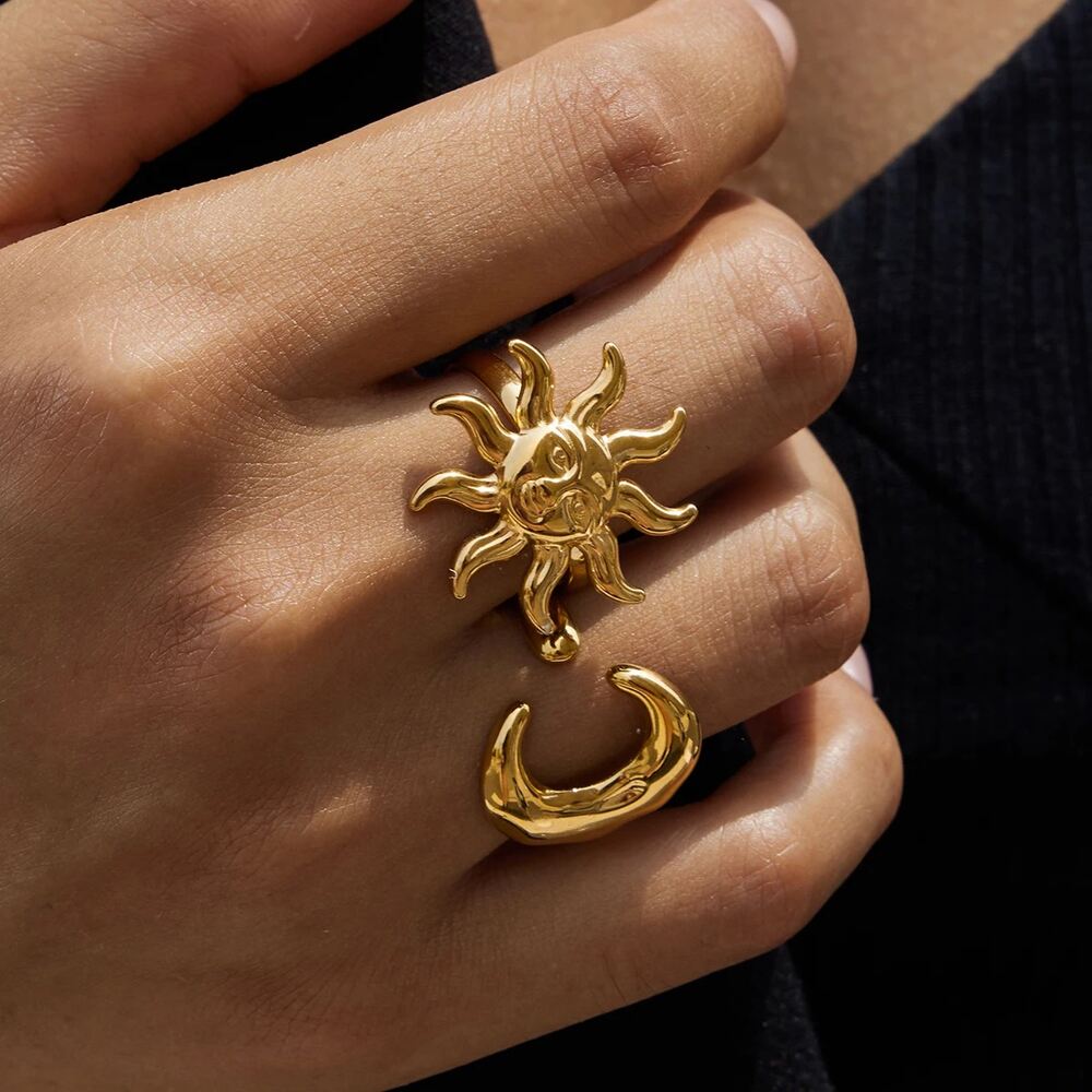 Sun Shape Stainless Steel Waterproof Gold Color Statement Rings Picture2
