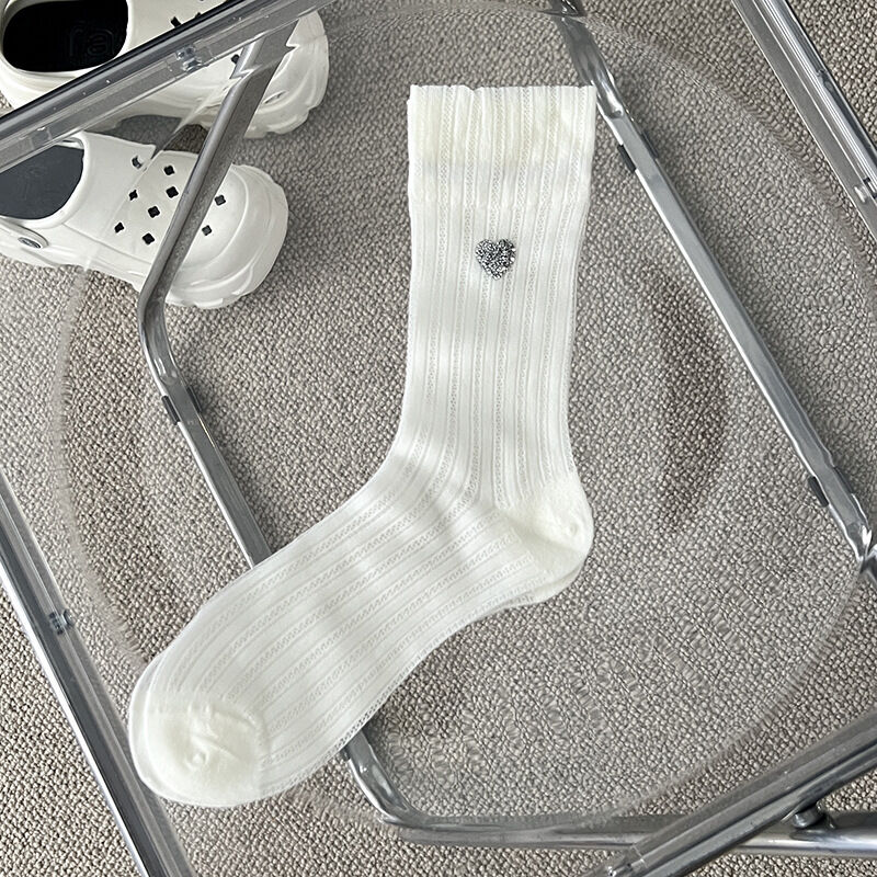 Slight Bounce Basic Heart Hot Rhinestones Mid-Calf Socks h5 