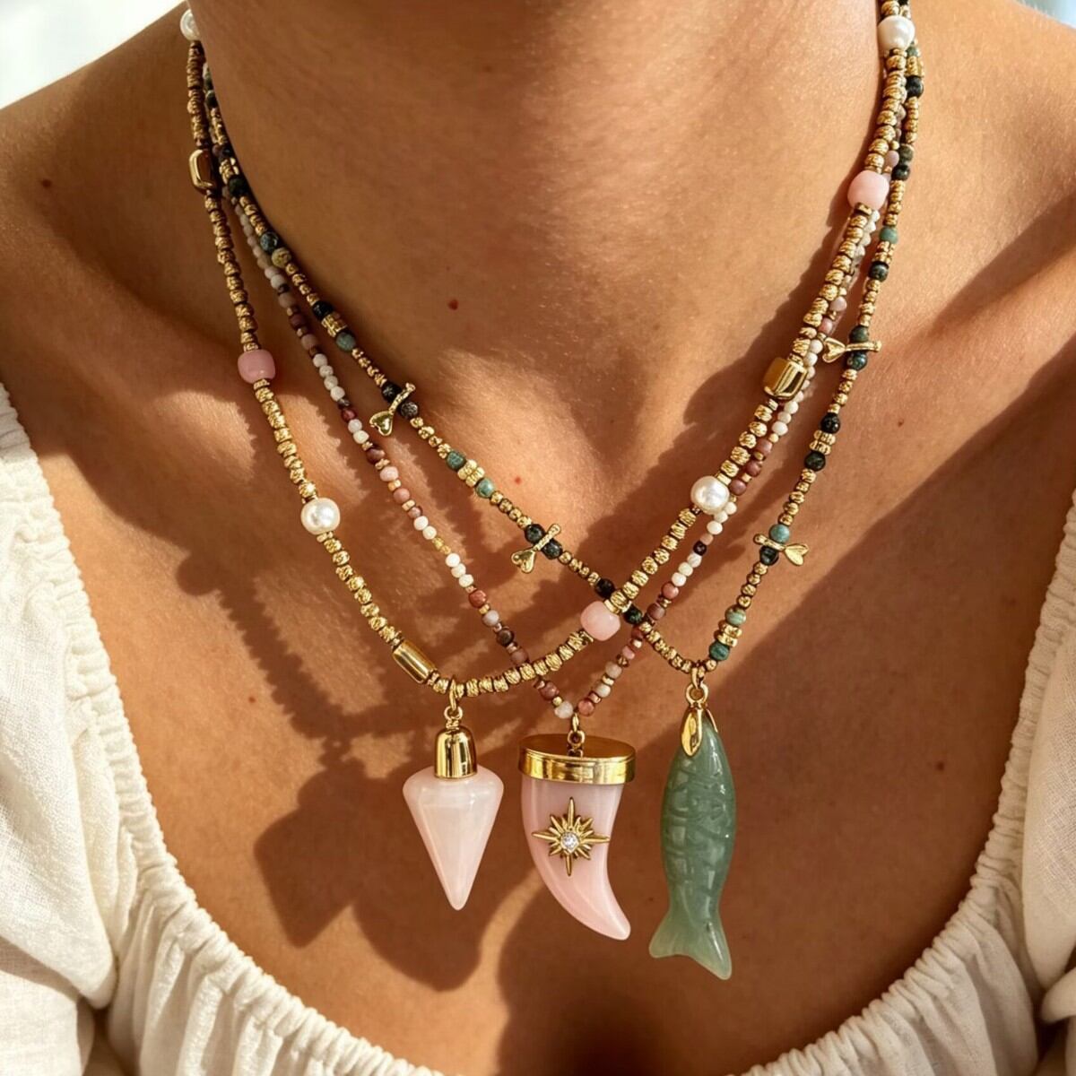 Ethnic Series Retro Triangle Fish Natural Stones Women's Beaded Necklaces