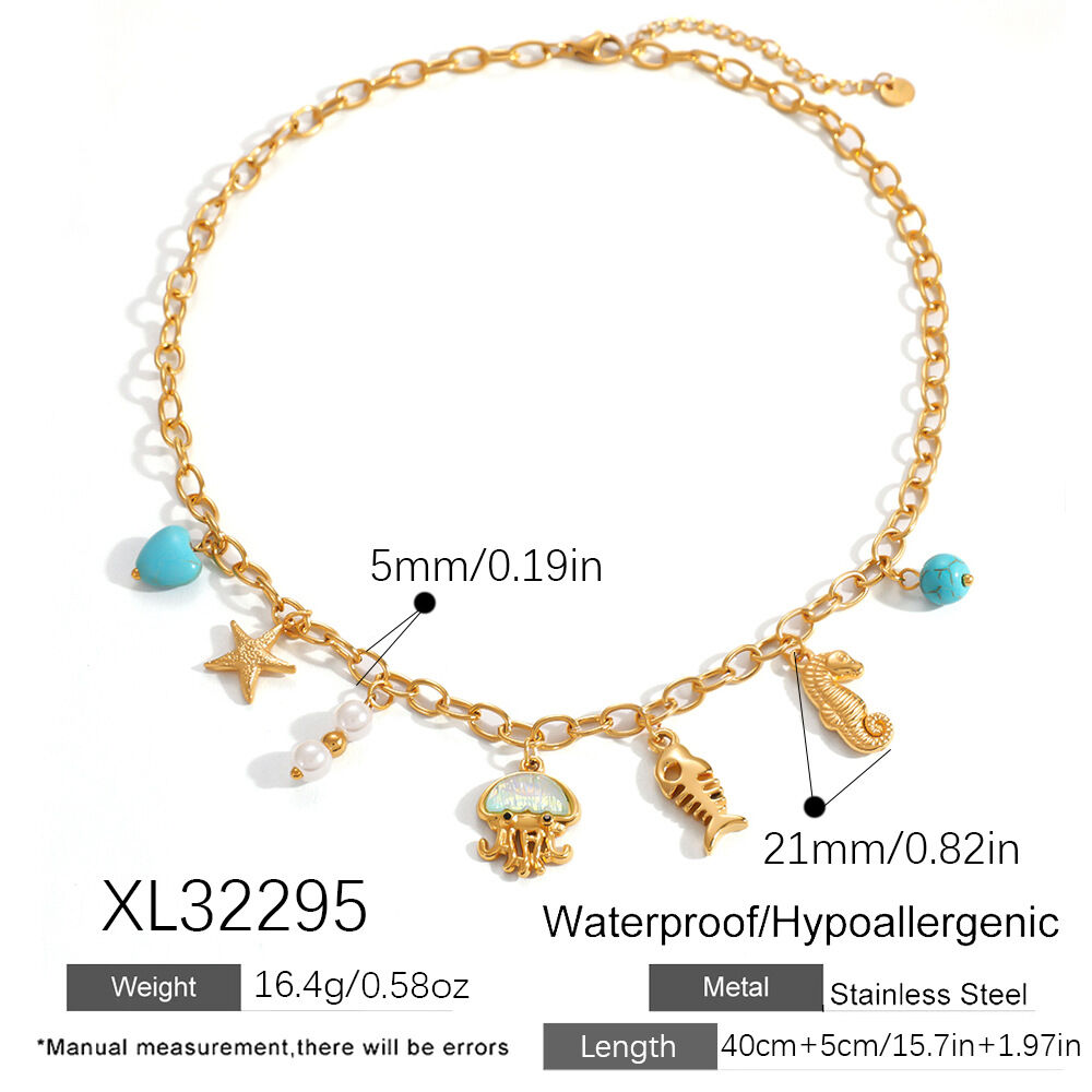Luxurious Series Cute Oceanic Style Shell Starfish Stainless Steel Waterproof Gold Color Women's Pendant Necklaces