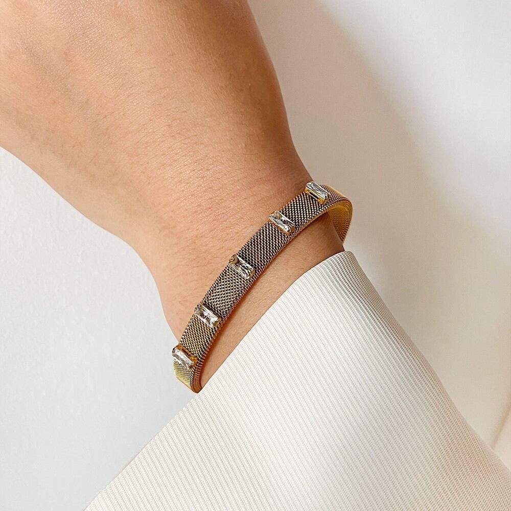 Luxurious Series Retro Rectangle Stainless Steel Waterproof Gold Color Zircon Women's Cuff Bracelets Picture2