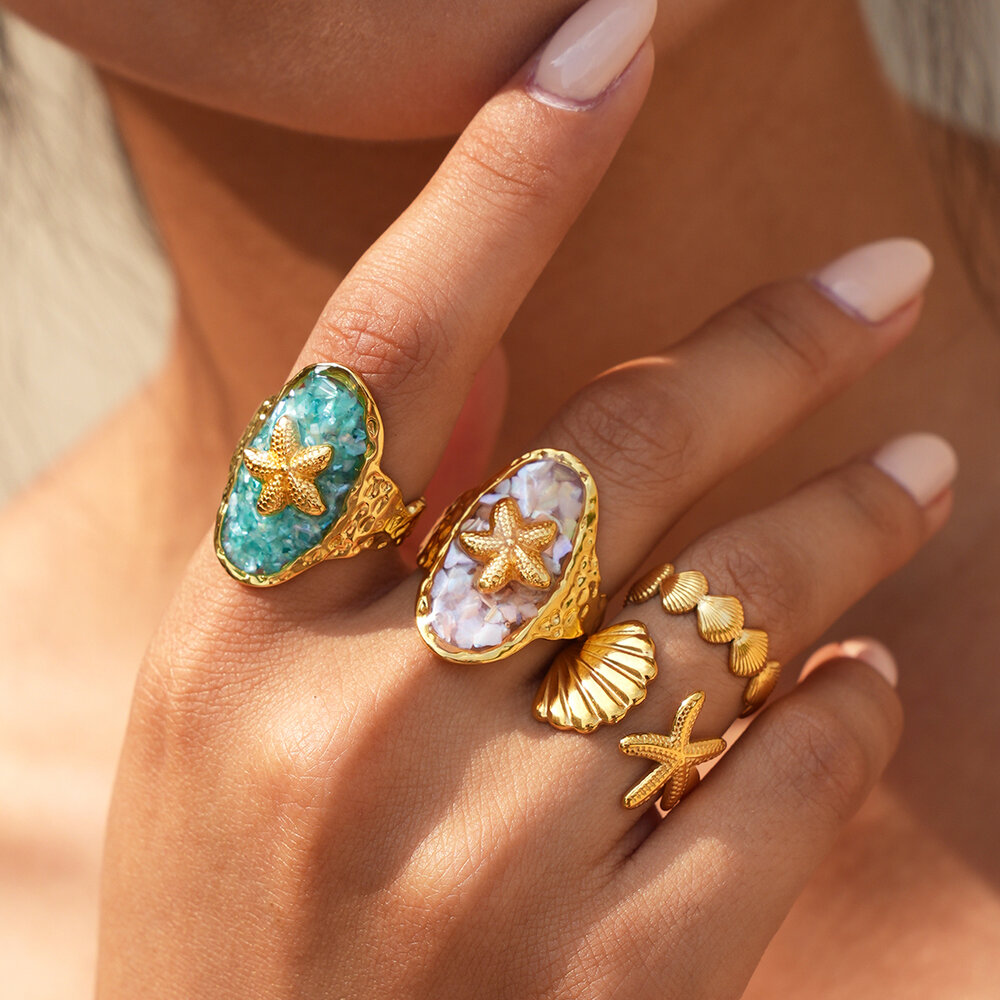 Ocean Series Daily Shell Starfish Stainless Steel Waterproof Gold Color Women's Ring Sets Picture2