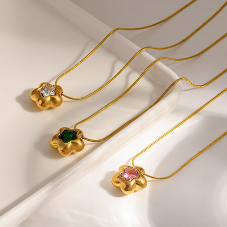 Simple Flower Stainless Steel Waterproof Gold Color Zircon Women's Pendant Necklaces 2