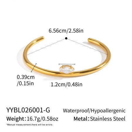 Simple Stainless Steel Waterproof Gold Color Zircon Women's Cuff Bracelets