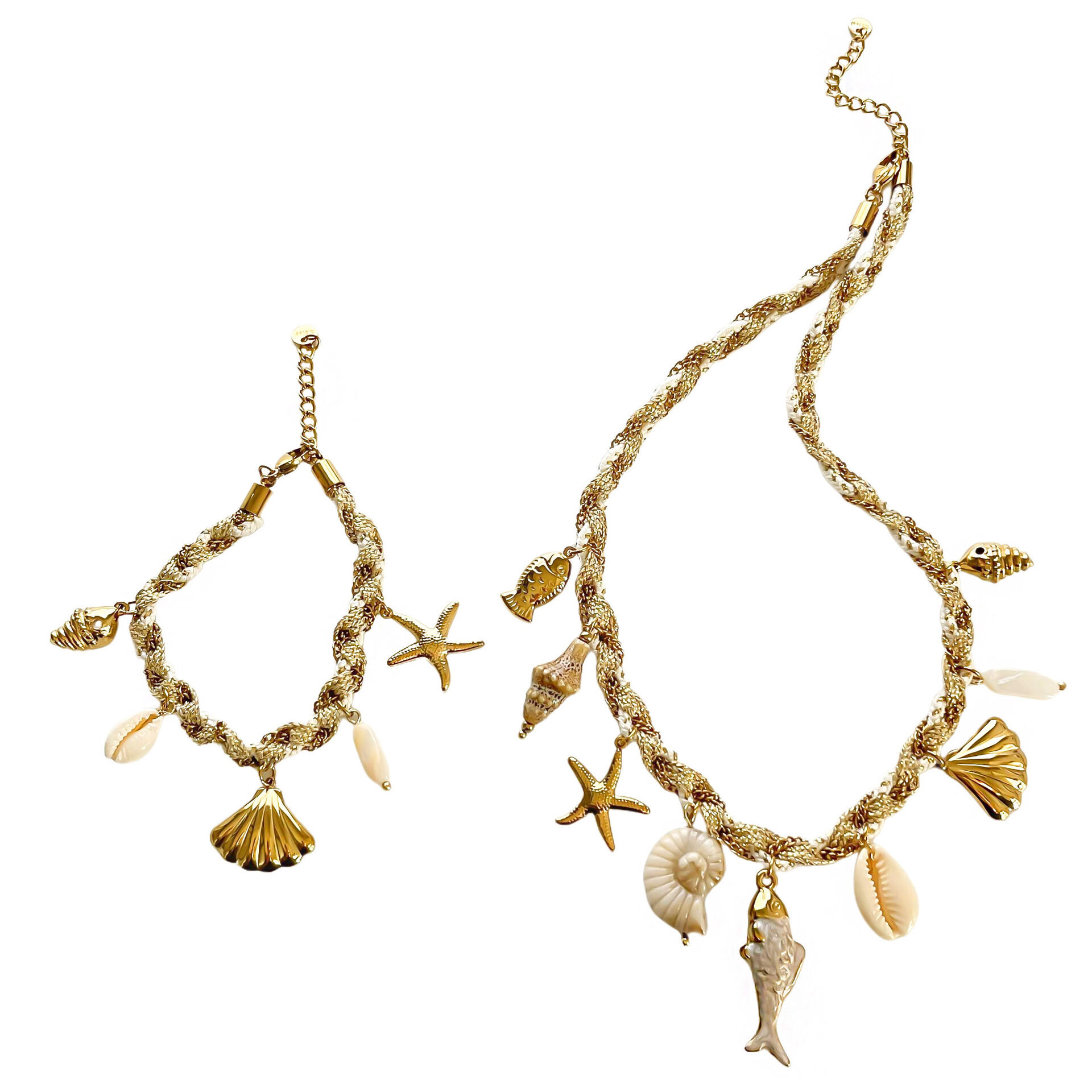 Romantic Series Vacation Fish Starfish Braided Rope Gold Color Shell Women's Necklaces Sets h5 Picture5