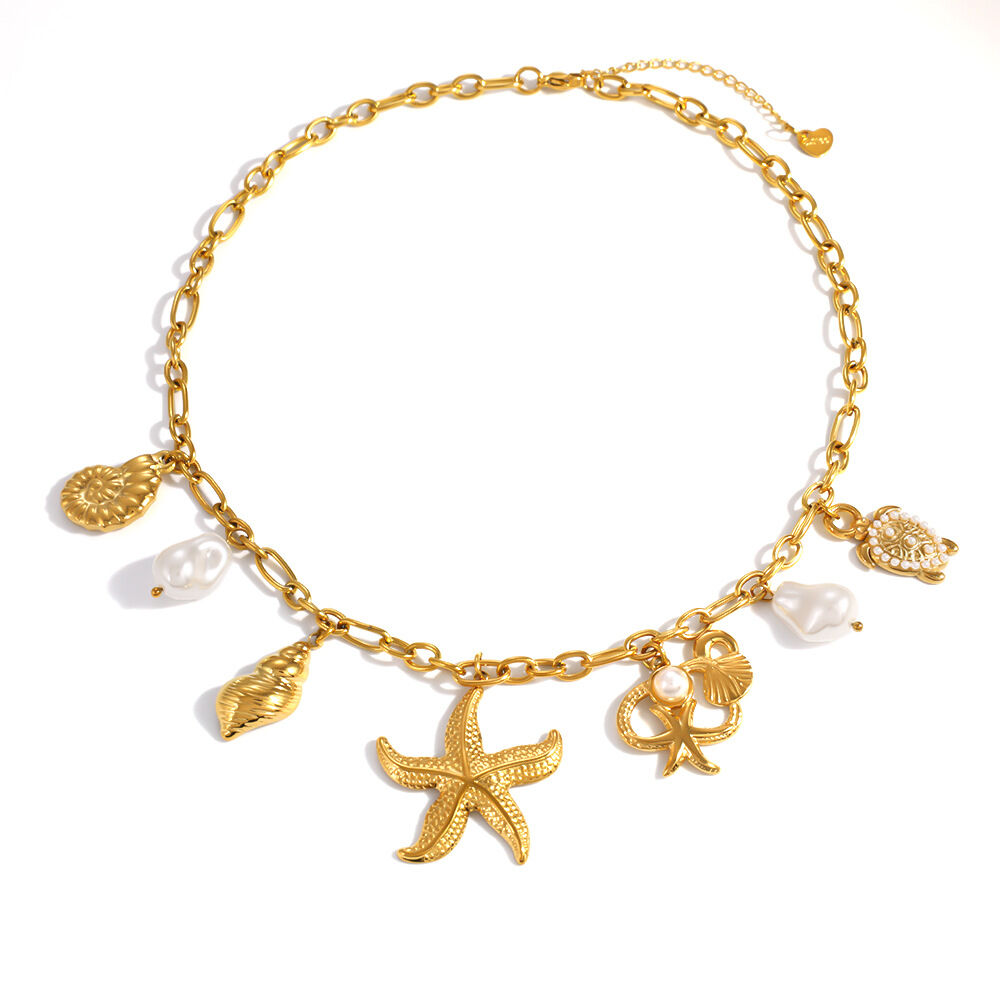 Vacation Oceanic Style Shell Starfish Stainless Steel Waterproof   Gold Color  Women's Pendant Necklaces Picture5