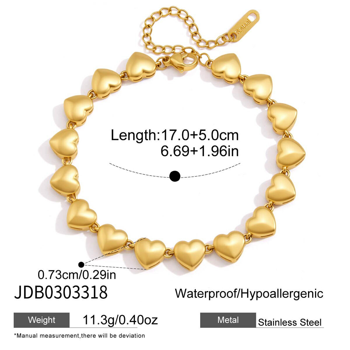 Heart Stainless Steel Waterproof Gold Color Women's Chain Bracelets 