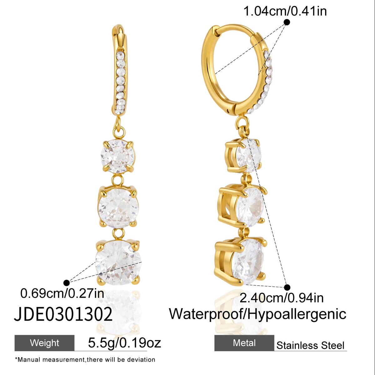 Luxurious Series Classic Patchwork Stainless Steel Waterproof Gold Color Zircon Women's Dangle Earrings