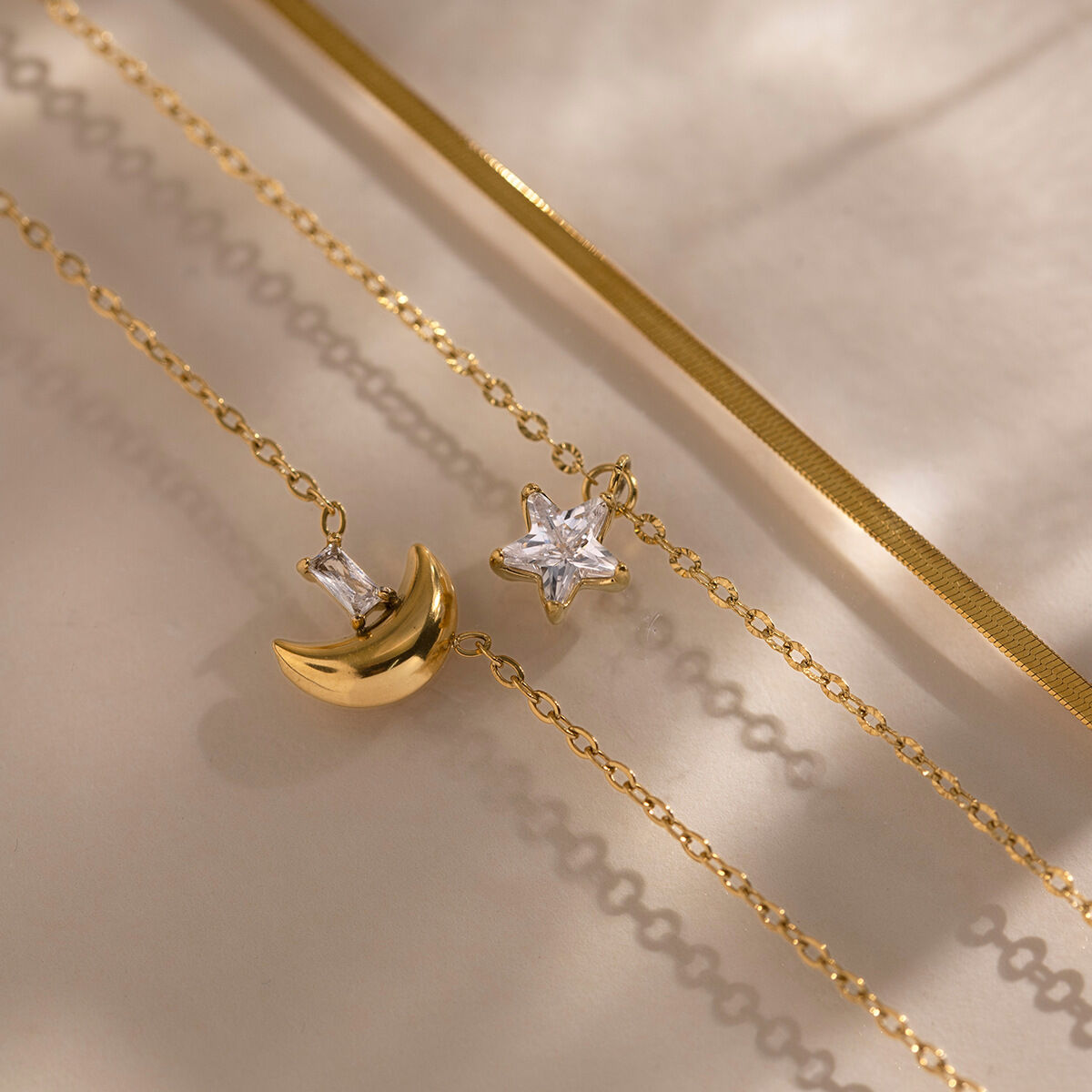 Simple Series Daily Star Moon Stainless Steel Waterproof Gold Color Zircon Women's Layered Necklaces h5 Picture4