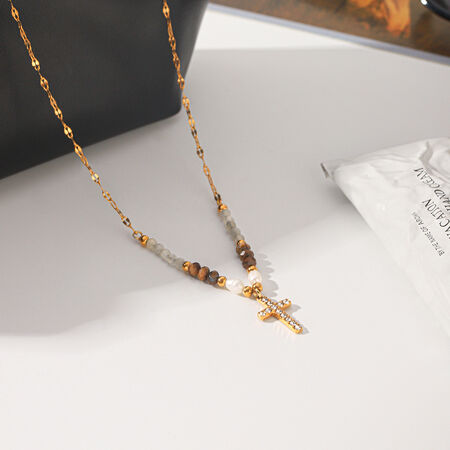 Cross Stainless Steel Waterproof Gold Color Zircon Women's Beaded Necklaces 2