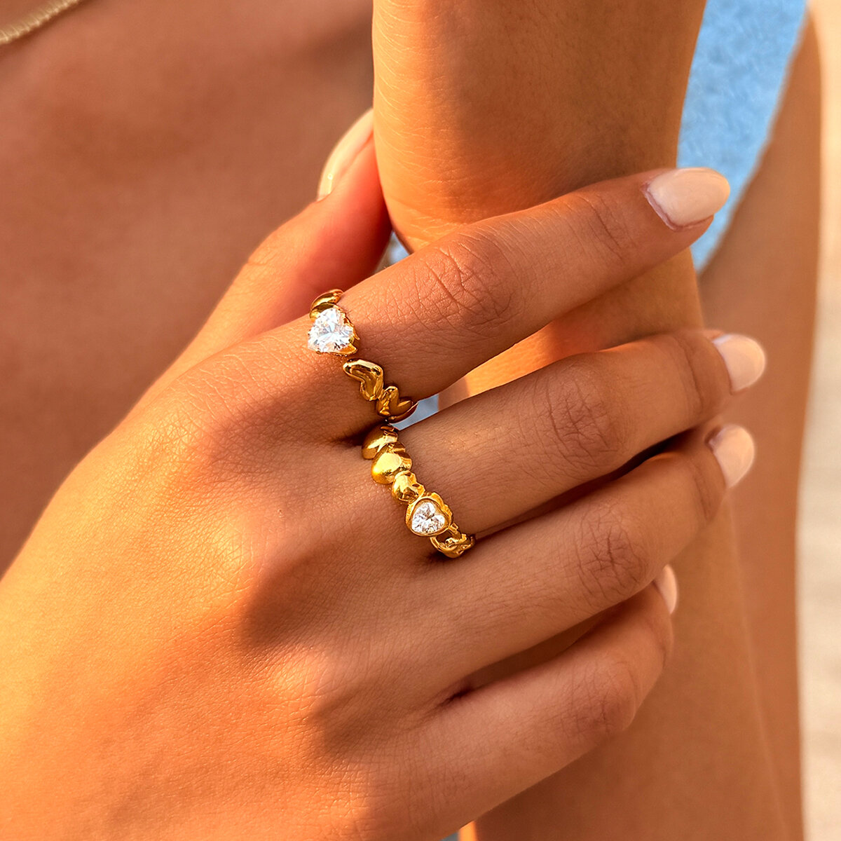 Simple Series Daily Heart Stainless Steel Waterproof  Gold Color  Zircon Women's Ring Sets