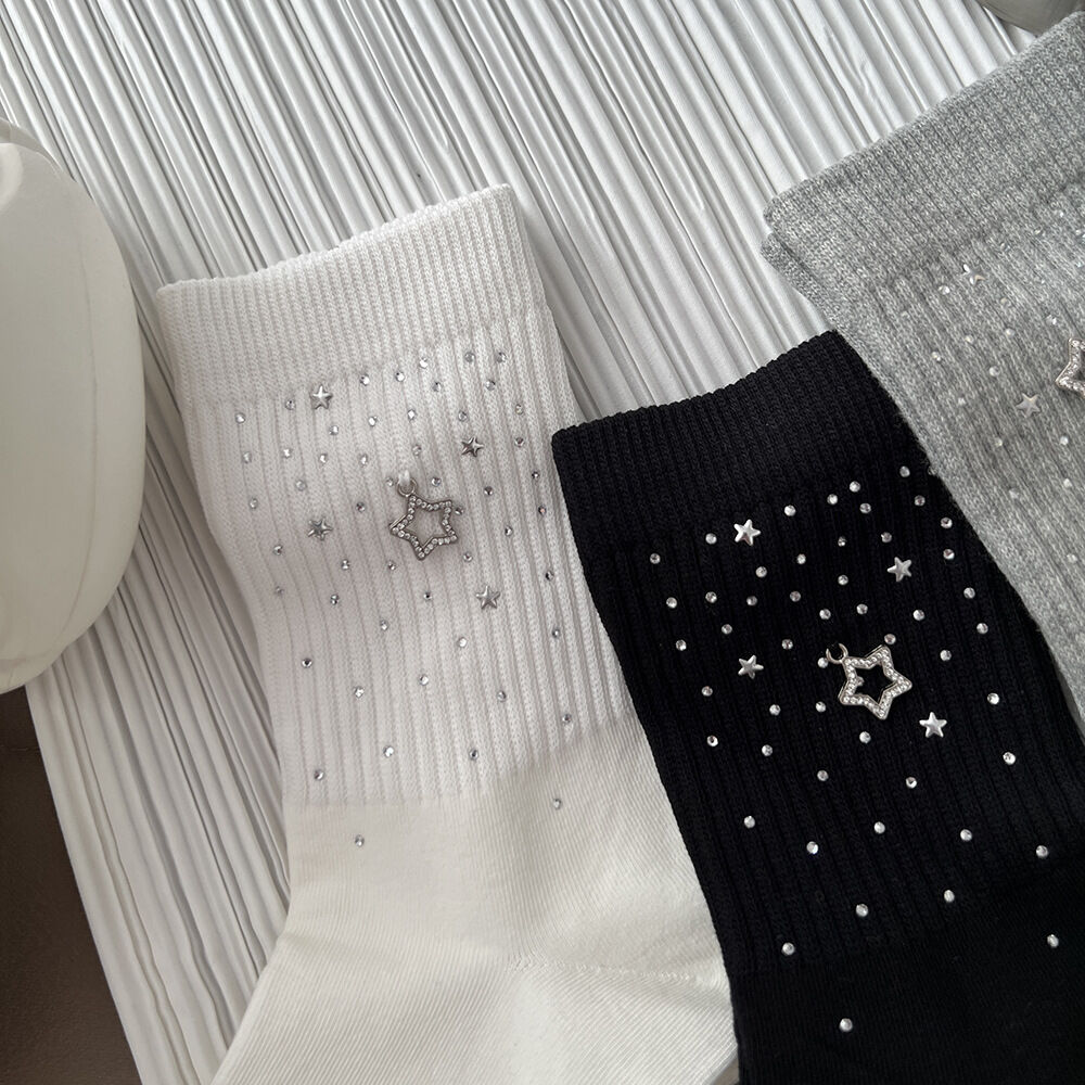 Cute Solid Color Geometric Pattern Polka Dots Hot Rhinestones Mid-Calf Socks h5Picture2