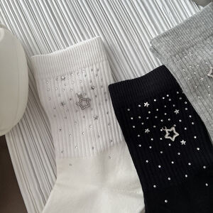 Cute Solid Color Geometric Pattern Polka Dots Hot Rhinestones Mid-Calf Socks h5 Picture2