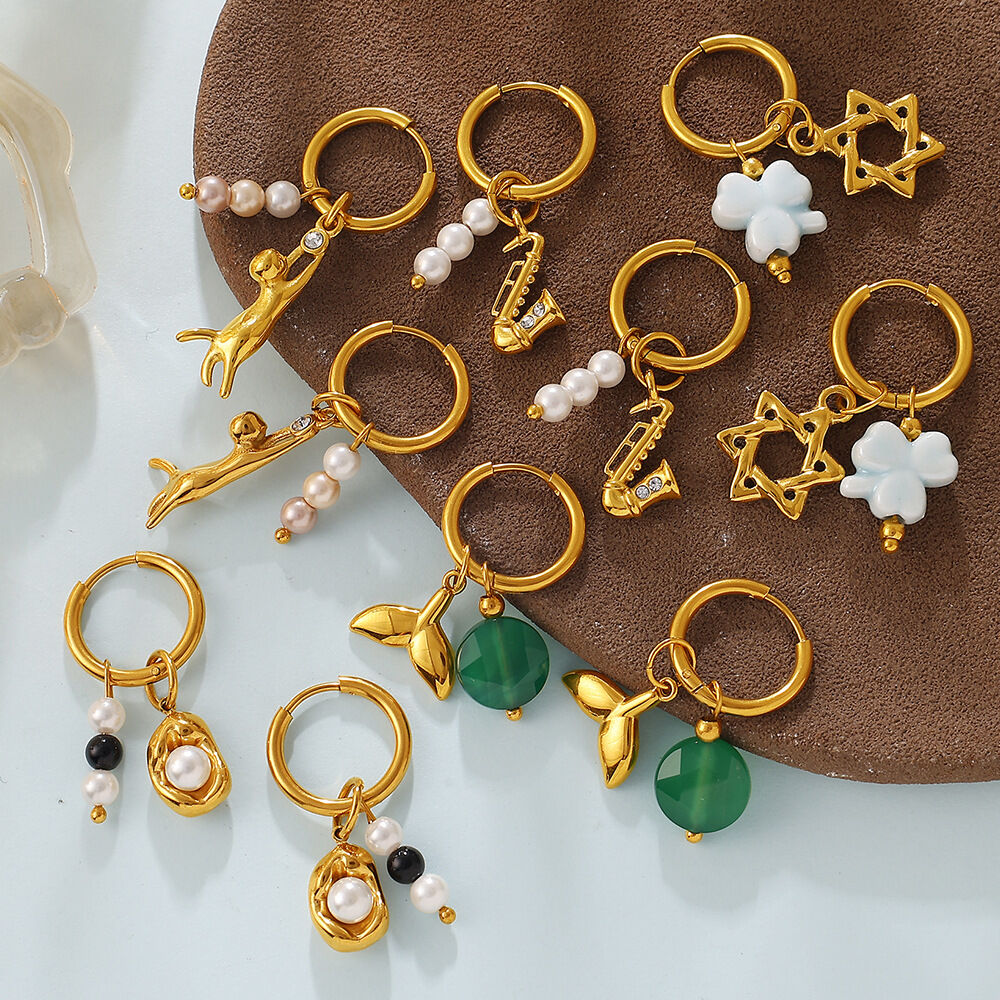 Plant Stainless Steel Waterproof Gold Color Rhinestone Pearl Women's Drop Earrings 2