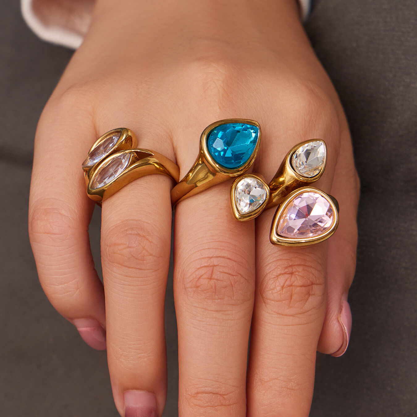 Luxurious Simple Droplet Stainless Steel Waterproof Gold Color Zircon Glass Women's Gemstone Rings Picture3