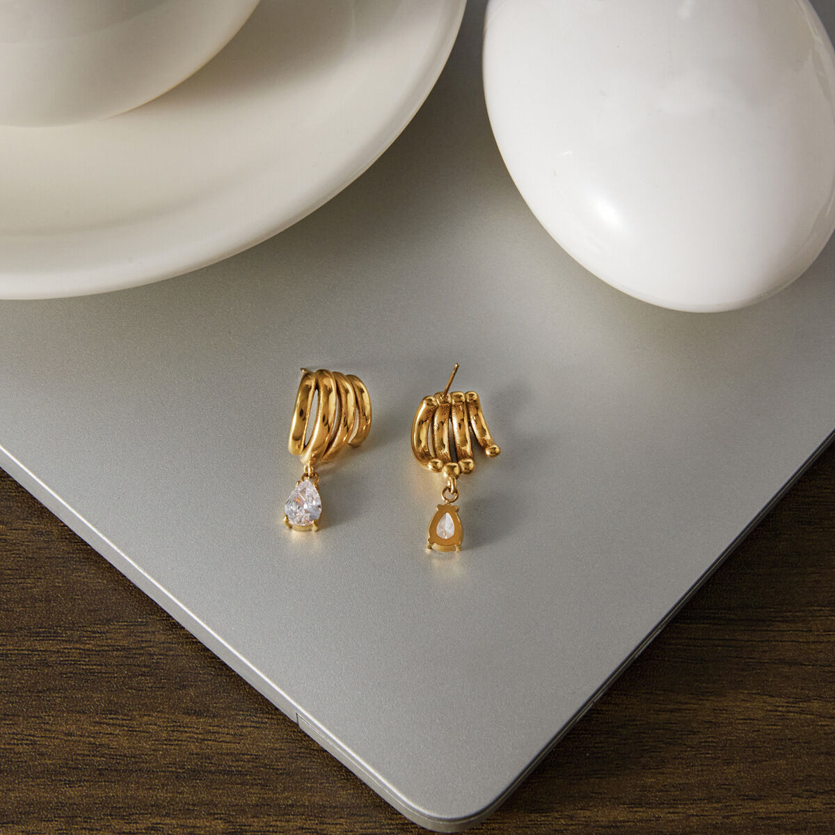 Daily Droplet Irregular Shape Lines Stainless Steel Waterproof   Gold Color  Zircon Women's Drop Earrings h5 Picture4