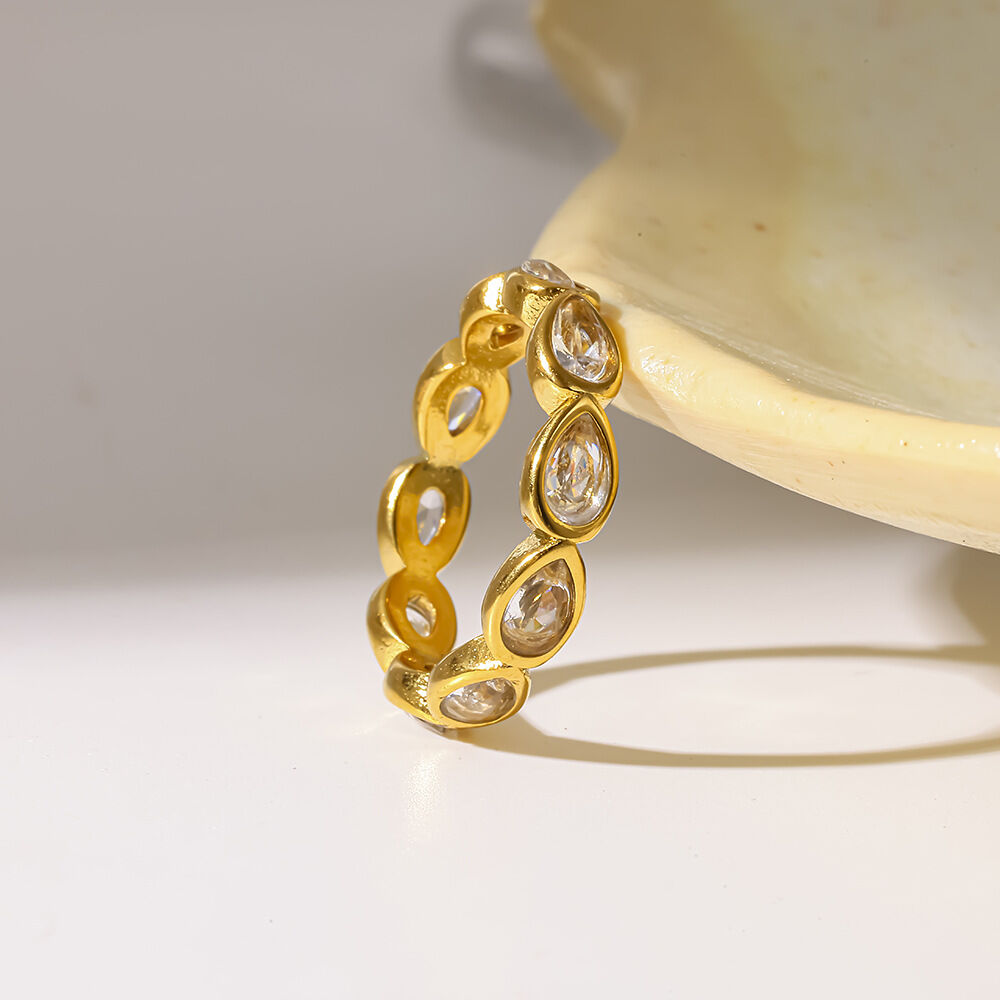 Simple Series Daily Droplet Patchwork Stainless Steel Waterproof Gold Color Zircon Statement Rings Picture3