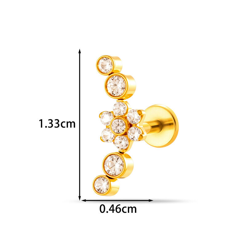 Orecchini da piercing da donna semplici, a forma geometrica con fiocco di fiore, in lega di titanio color oro e zirconi. h5Immagine2