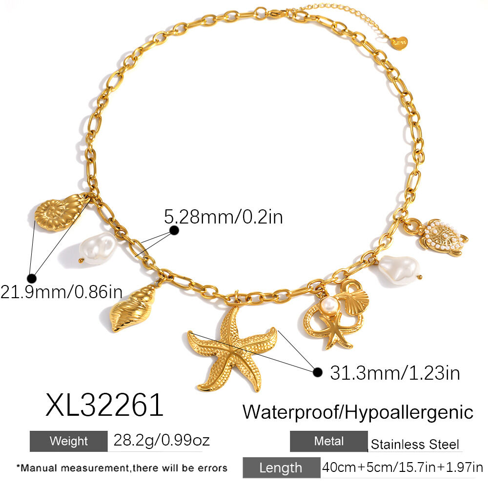 Vacation Oceanic Style Shell Starfish Stainless Steel Waterproof   Gold Color  Women's Pendant Necklaces 