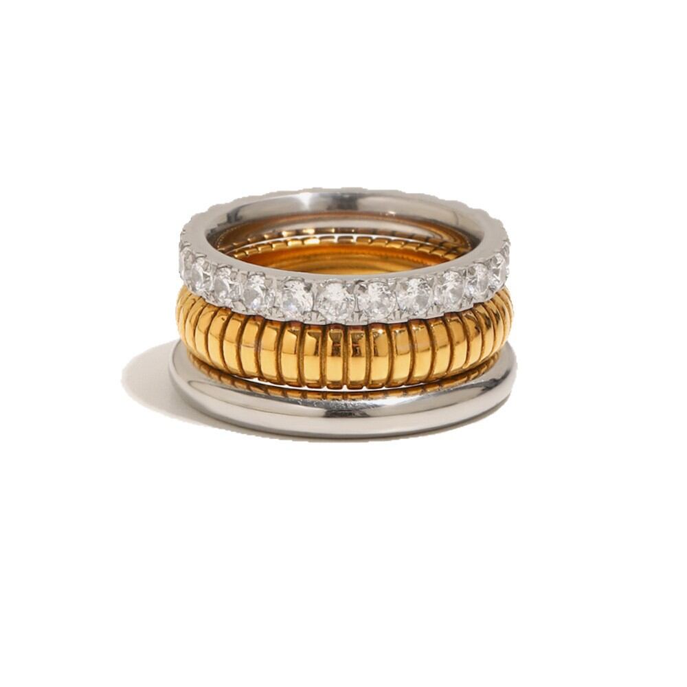 Einfaches gestreiftes Edelstahl-Ring-Set, wasserdicht, goldfarben, mit Zirkonia h5Bild4