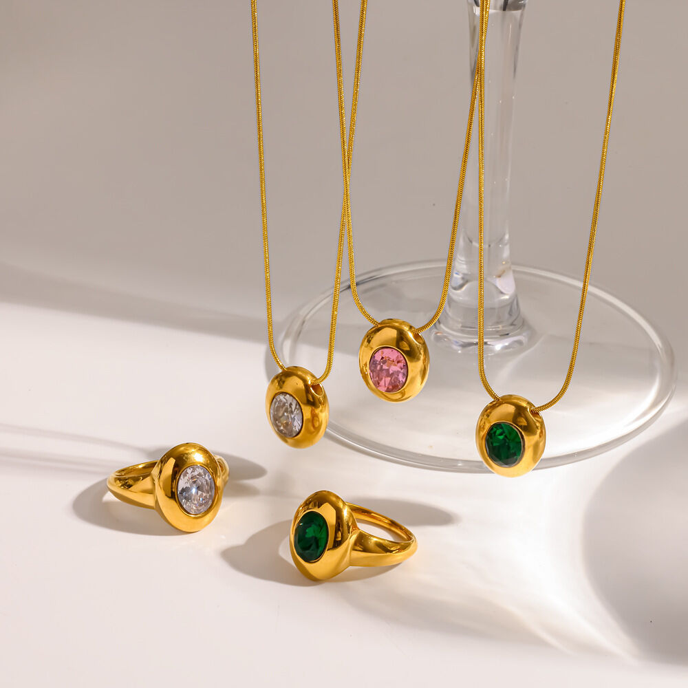 Simple Ellipse Shape Stainless Steel Waterproof Gold Color  Zircon Women's Necklace Sets Picture3