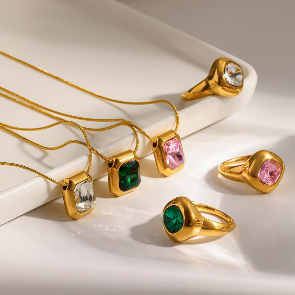 Simple Rectangle Geometric Shape Stainless Steel Waterproof Gold Color Zircon Women's Necklace Set 2