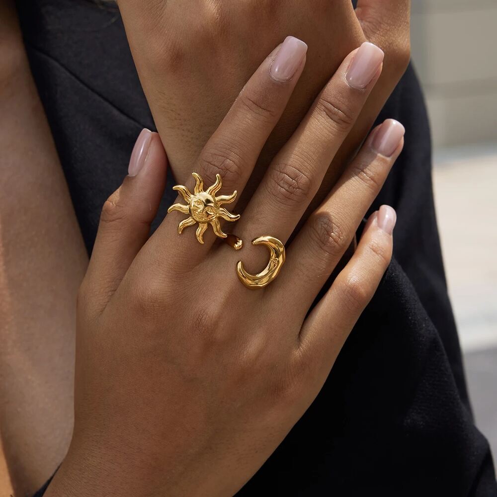 Sun Shape Stainless Steel Waterproof Gold Color Statement Rings Picture3