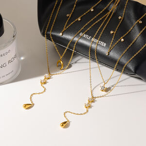 Luxurious Elegant Droplet Star Moon Stainless Steel Waterproof Gold Color Zircon Women's Layered Necklaces h5 Picture2