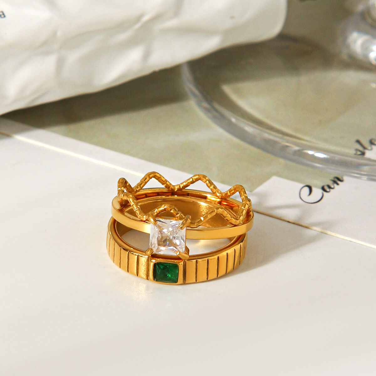 Luxury Simple Daily Solid Color Circle Lines Stainless Steel Waterproof   Gold Color  Zircon Women's Gemstone Rings Picture5