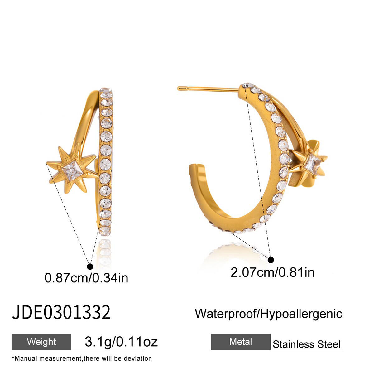 Simple Series Sweet Star Circle Stainless Steel Waterproof   Gold Color  Zircon Women's Stud Earrings 