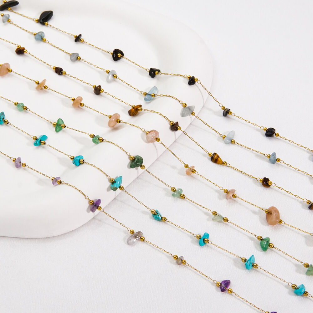 Einfache DIY-Kette aus Edelstahl, wasserdicht, goldfarben, mit Naturstein-Schmuckkordeln