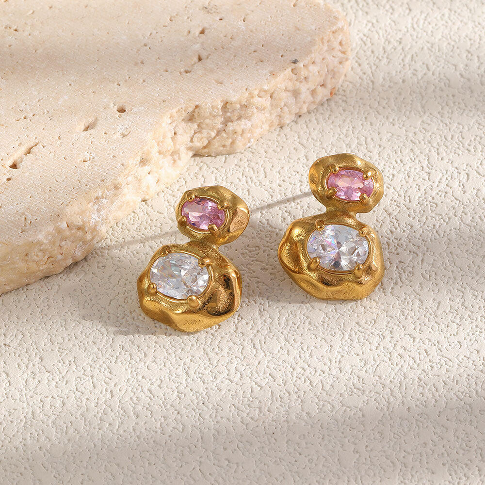 Classic Series Retro Circle Hammer Pattern Stainless Steel Waterproof Gold Color Zircon Women's Stud Earrings