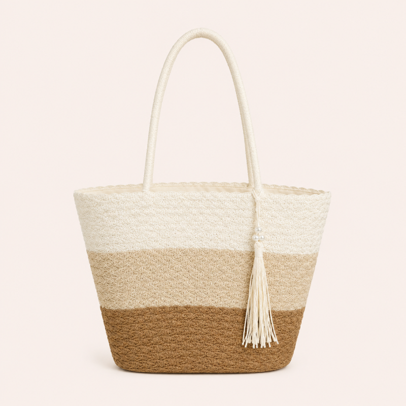 Borsa trapezoidale da donna in rafia intrecciata, stile vacanza, con nappe e righe, colori misti. 2