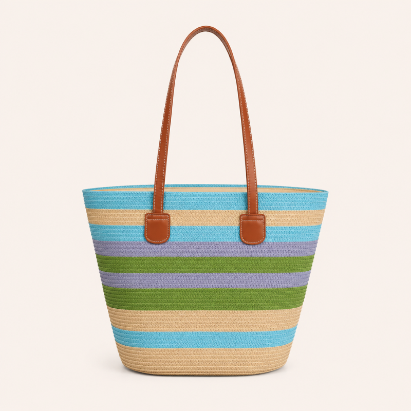 Borsa trapezoidale da donna in rafia a righe intrecciate in stile vacanza. 2