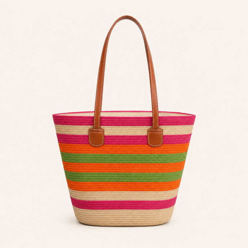 Borsa trapezoidale da donna in rafia a righe intrecciate in stile vacanza.