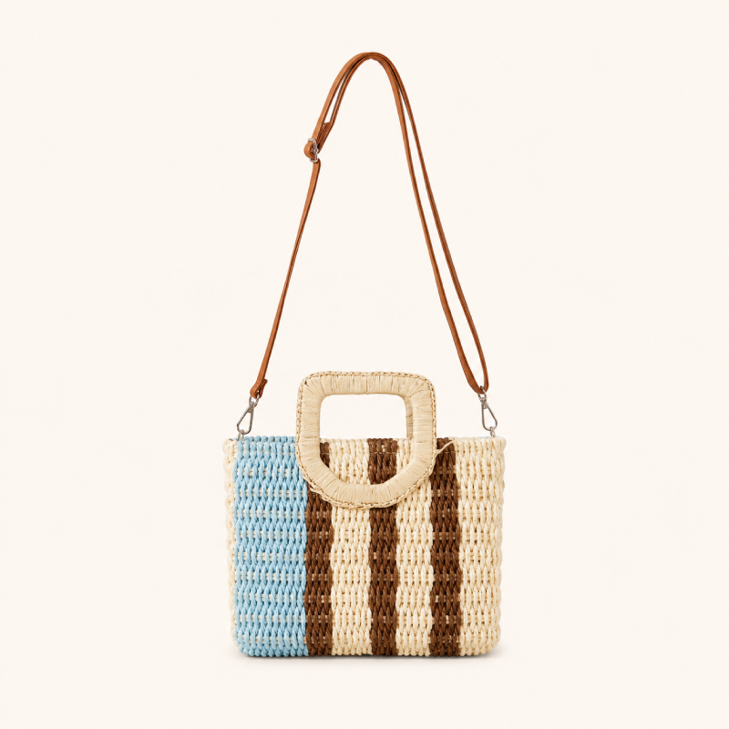 Borsa quadrata da donna in rafia intrecciata a righe, stile casual e colori misti.