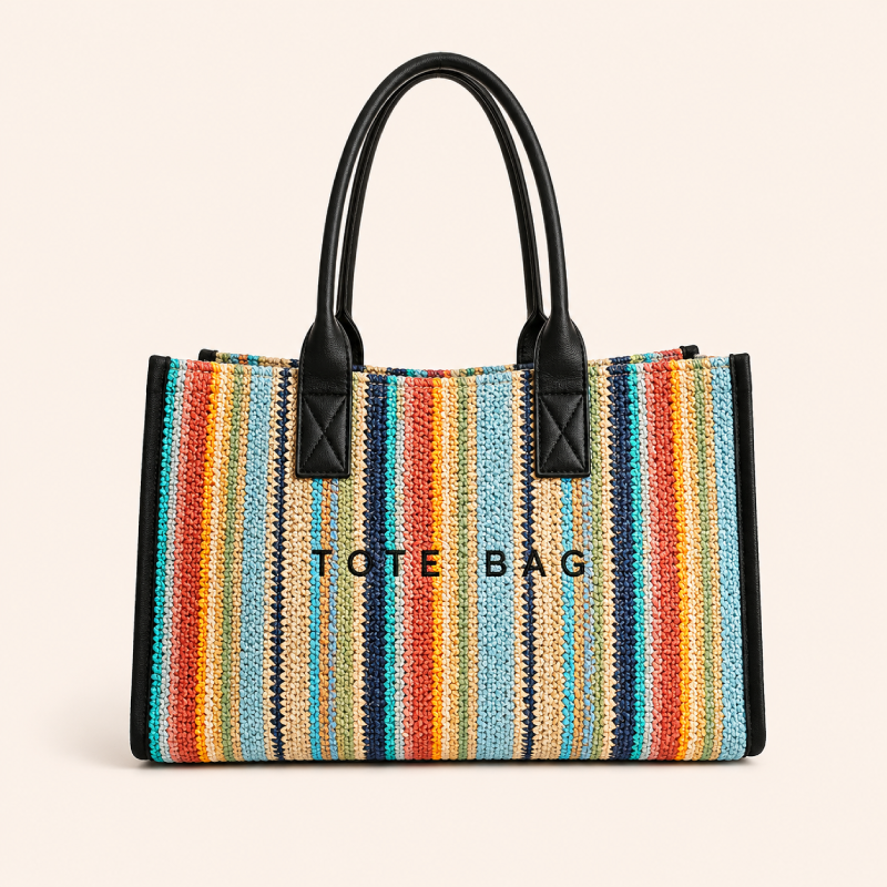 Borsa tote da donna in rafia a righe intrecciate con lettere in stile casual e colori misti. 2