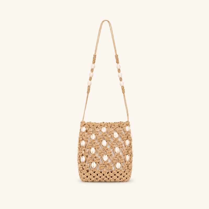 Vacation Style Woven Solid Color Beads Hollowed-Out Woven Cotton Women's Square Bag